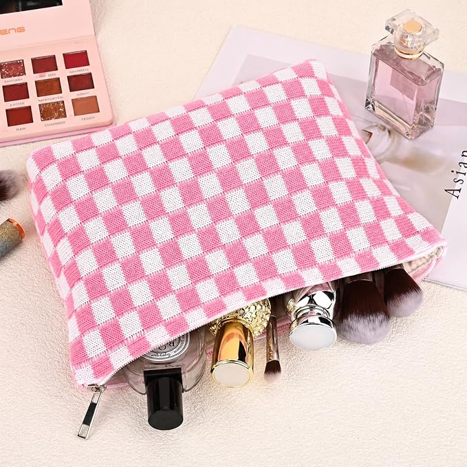 SOIDRAM 2 Pieces Makeup Bag Large Checkered Cosmetic Bag Capacity Canvas Mix Travel Toiletry Bag Organizer Cute Makeup Brushes Aesthetic Accessories Storage Bag for Women, Pink checkered