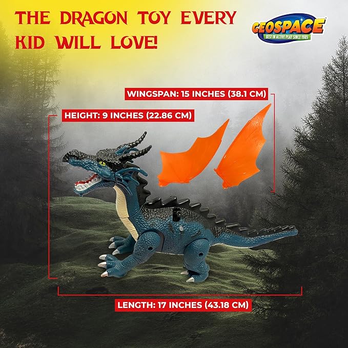 Geospace New Dragon Walking Dinosaur Toy – Smoke Breathing Fire Dragon Toy for Kids 3 & up, Walking Dinosaur Toys with Lights, Roaring Sound, Dragons Action Figure, Dragons for Gift (Blue)