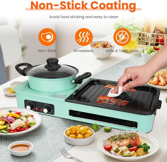 3 in 1 Electric Hot Pot with Grill Smokeless Non-Stick Pot and Griddle | Korean BBQ Grill Shabu Shabu Pot Divider Independent Dual Temperature Control for 3-5 People（1600W）