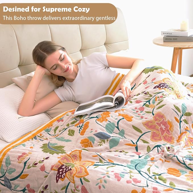 VANJOROY Boho Throw Blanket for Bed, 100% Organic Cotton Breathable Ultra Soft 60" x 80" Quilt Throw - All Season Floral Rustic Farmhouse Decor Luxury Reversible Blanket for Sofa Couch Chair and Gift