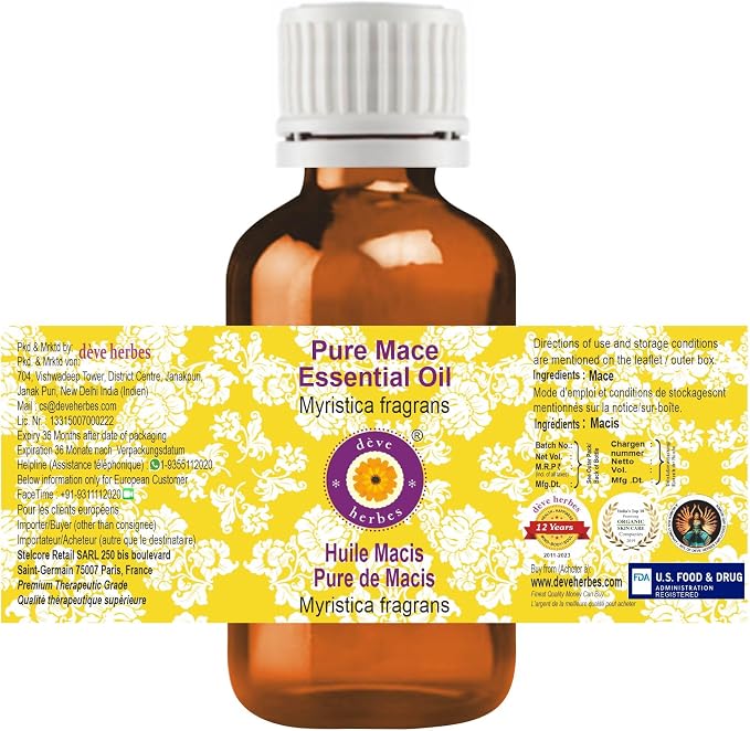 Deve Herbes Pure Mace Essential Oil (Myristica fragrans) Steam Distilled 5ml (0.16 oz)