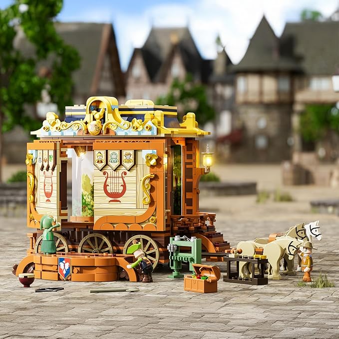 Medieval Troupe Carriage Lighting Building Bricks Set - Middle Ages City Town Playset Multi-Form Modular Collection Display Kit with Minifigures 1248 Pcs for Adults & Teens