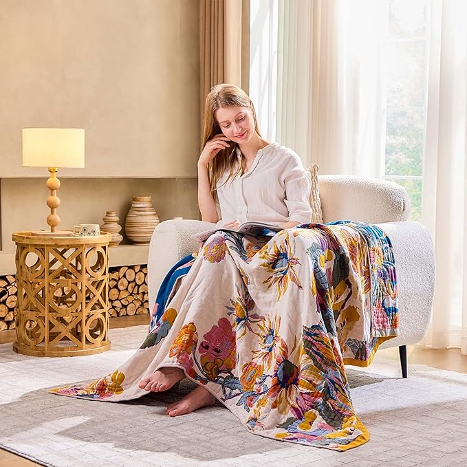 XIBLC Boho Throw Blanket, 100% Cotton Ultra Soft Luxury Throw Rustic Quilt, 90"x98" Floral Bird Butterfly Farmhouse Decor Bed Blankets, All Season Rustic Reversible Bohemian Throw for Bed - Yellow