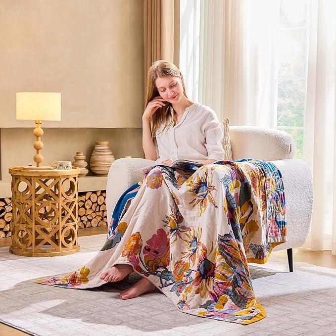 XIBLC Boho Throw Blanket, 100% Cotton Ultra Soft Luxury Throw Rustic Quilt, 80"x90" Floral Bird Butterfly Farmhouse Decor Bed Blankets, All Season Rustic Reversible Bohemian Throw for Bed - Yellow