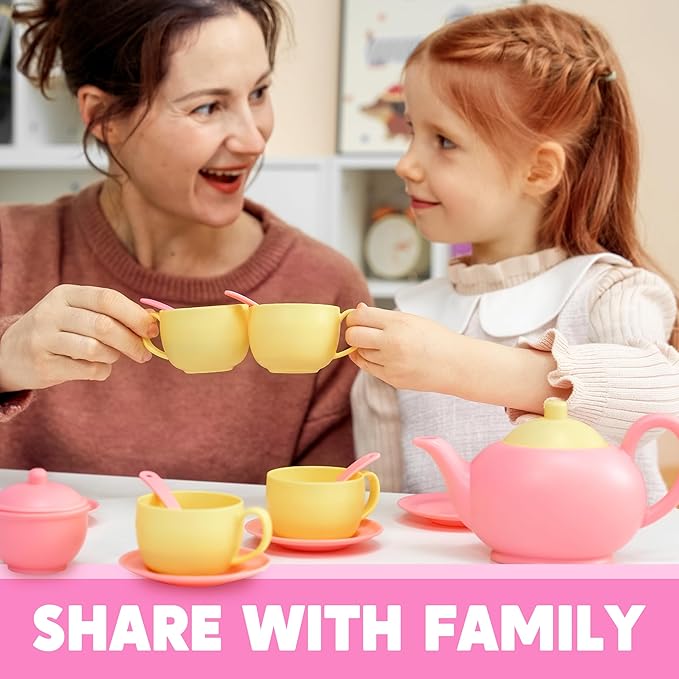 JOYIN 18PCS Pretend Role Play Tea Party Set, Pink Plastic Tea Set, Mini Kitchen for Kids, Gifts for Toddler Boys Girls, Gift for Christmas