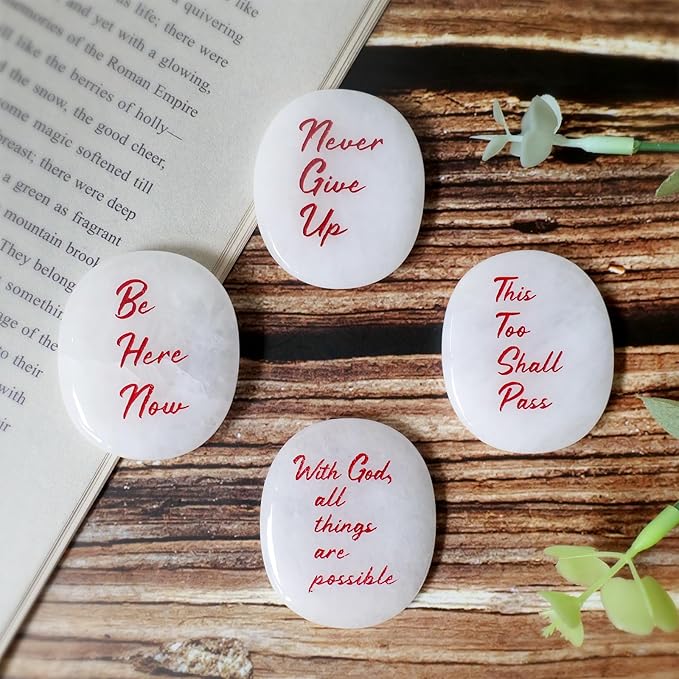 Selenite Crystal Worry Stones - Small Crystals for Big Stress Relief - The Ultimate Cheer Up & Encouragement Gift for Natural Reiki Healing - Real Motivational Strength Rocks - Never Give Up