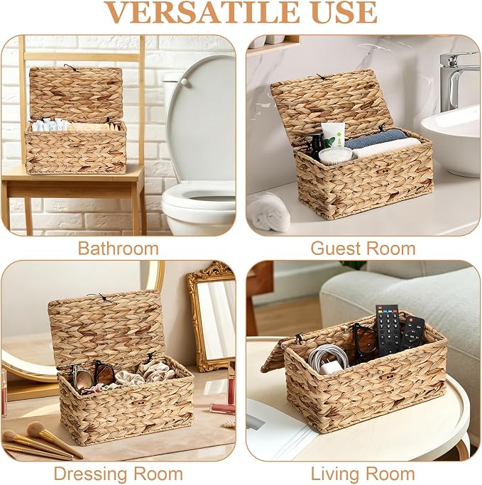 Sumnacon Woven Tampon Holder for Bathroom, Wicker Water Hyacinth Feminine Product Organizer with Lid, Farmhouse Rustic Tampon and Pad Organizer, Woven Storage Baskets Bin for Counter Toilet Tank
