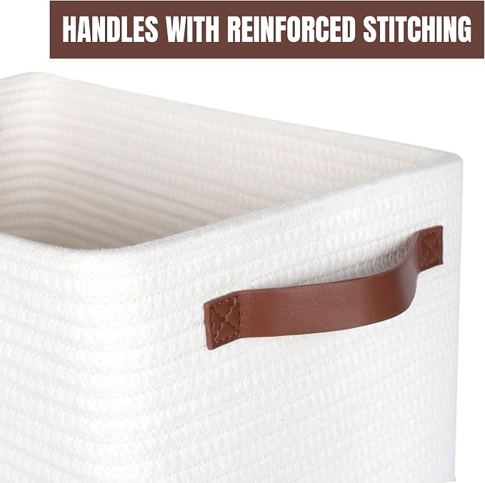 3-Pack Decorative Woven Storage Baskets for Shelves, Cube Bin Box for Organizing Books, Shoes, Dog Toys, Pantry Closet and Living Room Organizer, Creamy White