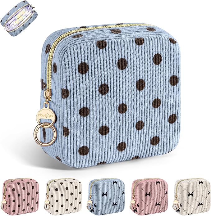 Period Bag for Teen Girls, Corduroy Cute Sanitary Napkin Storage Bag, Menstrual Pad Pouches Tampon Holder for Purse (Blue-Polka Dots)