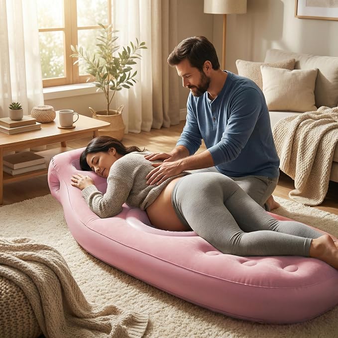 Inflatable Tummy Nest Pregnancy Pillow with Belly Hole, Belly Mattress for Pregnancy Pillow Stomach Sleepers,Maternity Pool Float,Prenatal Massage Pillow,Extra Wide&Tall,All Pregnancy Stages (Pink)