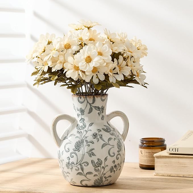SIDUCAL Ceramic Vintage Pastoral Vase with Handles, 7 Inch Chinoiserie Floral Vase, Retro Ice Cracked Rustic Farmhouse Vases for Home Decor, Living Room, Bookshelf, Office, Tuscan Decor, Gray Floral