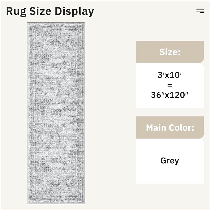 Soalmost Washable Hallway Runner Rug 3x10 Kitchen Entry Rugs Non-Slip, Grey | Vintage Long Runners 10ft for Bathroom Laundry Room, Foldable Low-Pile Wide Floor Carpet Mat for Entryway Corridor Bedroom