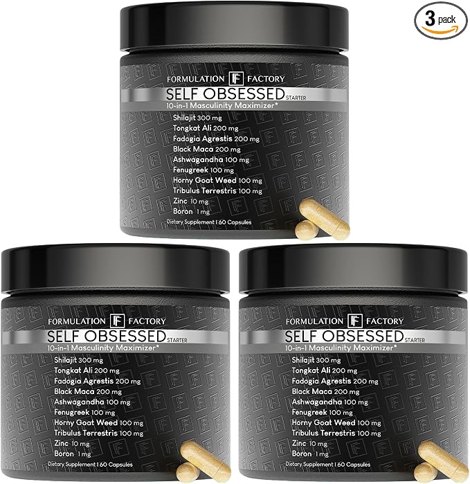 Formulation Factory Self Obsessed 10-in-1 Natural Testosterone Booster for Men, Testosterone Supplement for Men with Shilajit, Tongkat Ali, Fadogia Agrestis, 180 Capsules, 3 Month Supply