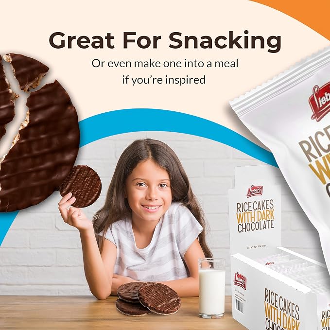 Lieber's Dark Chocolate Rice Cakes, Kosher, Gluten Free, Vegan, 24 Count | Whole Grain Brown Rice, Dairy Free, 60 Calories or Less per Cake, Crispy Snack Pack or Gift Pack, Wheat Free