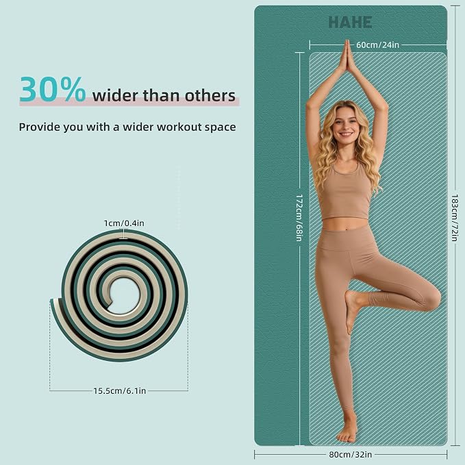 HAHE Wide Yoga Mat 72"x32"x0.4" Thick Pilates Mat with Carrying Strap