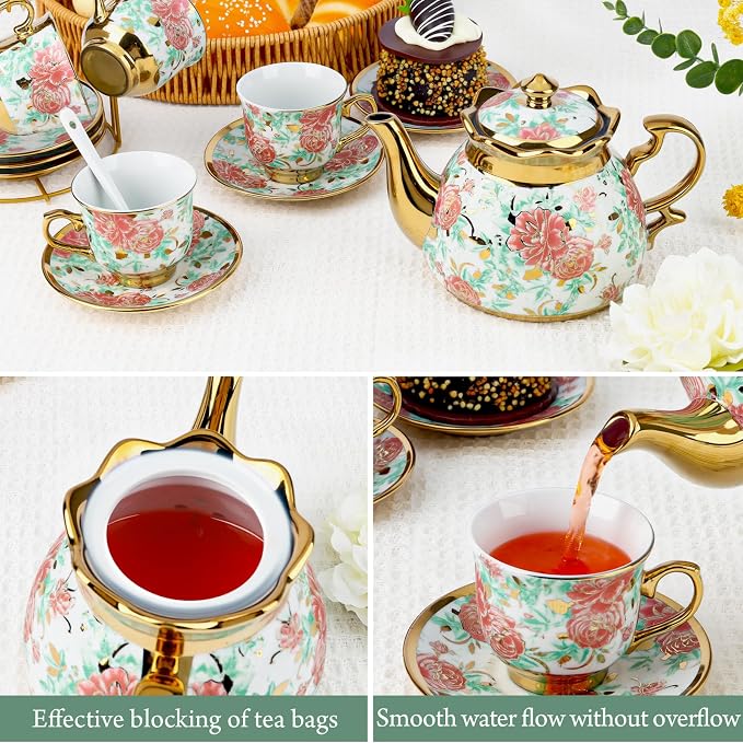 20 Pcs Porcelain Tea Set with Metal Holder, Adult Tea Set Gift, European Ceramic Tea Set for Adults, Flower Tea Cup Saucer Set for Party With Gold Flower Painting (Vibrant Green)