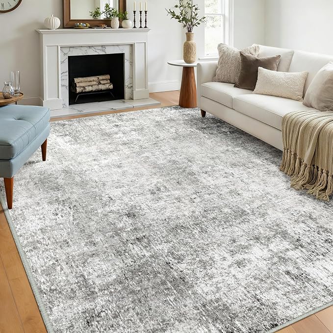 RELEANY Washable 5'x8' Abstract Area Rug for Living Room Gray White | carpet for bedroom, kitchen, office, hallway and entryway, printed pattern, non-slip, soft, stain-resistant, easy to clean
