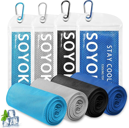 4 Packs Cooling Towel, 40" x 12" Microfiber Cooling Towels for Neck and Face, Soft Breathable Gym Towel for Working Out with Waterproof Bag & Carabiner, Sweat Towels for Travel, Yoga, Climb, Running