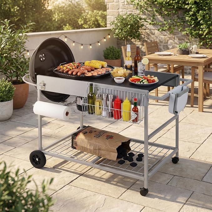HAPPYGRILL Outdoor Grill Table w/Storage for 18”& 22” Weber Original Kettle | Movable BBQ Grill Cart with Wire Rack, Seasoning Rack & Garbage Can, Prep Kitchen Island for Backyard Camping Picnic