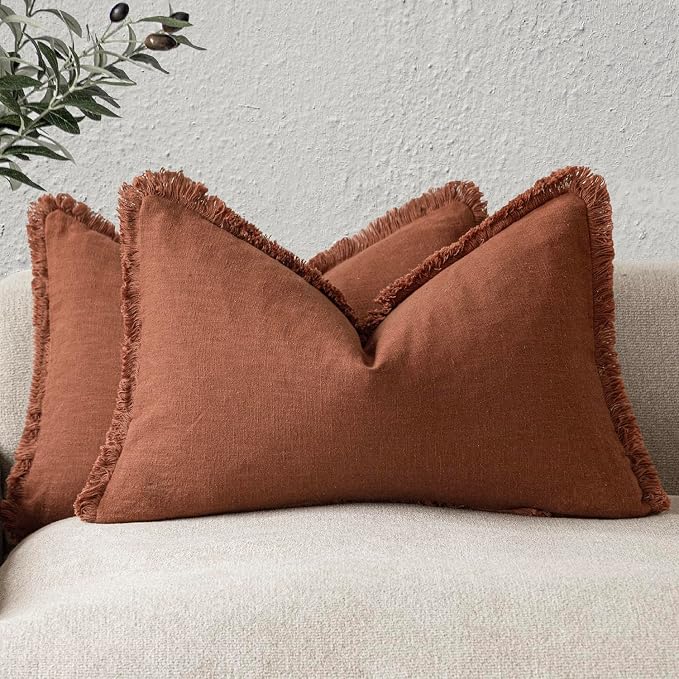 Foindtower Set of 2 Decorative Linen Fringe Lumbar Throw Pillow Covers Farmhouse Cushion Cover with Tassels Accent Pillowcase for Couch Sofa Bed Living Room Home Decor,12×20 Inch,Autumn Rust Orange