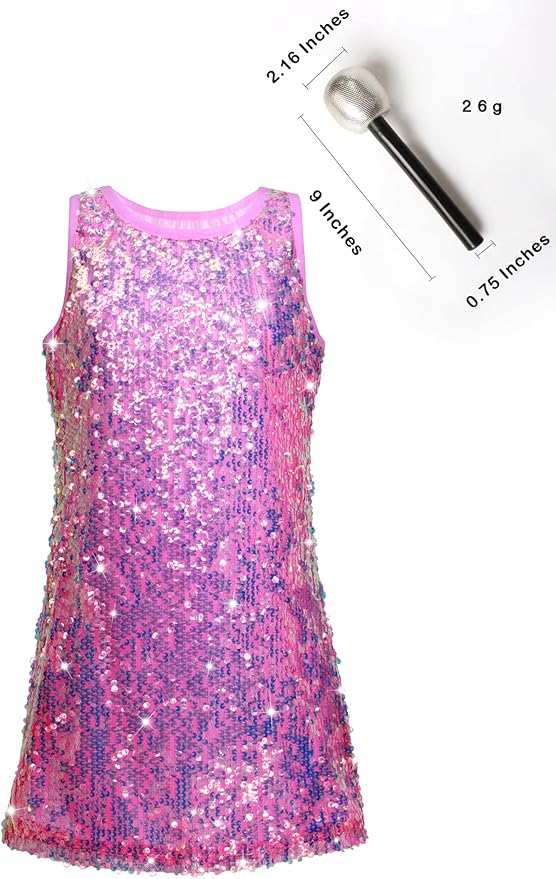 Girls Sequin Dress Sparkly Sleeveless Costume Prom Concert Party Outfit with Glitter Microphone Prop