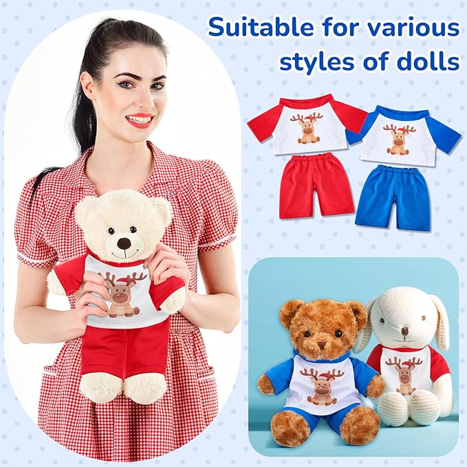 Civaner 2 Pack Blue and Pink Bear Clothes Outfit, Fit Most 12-16 Inch Bears Stuffed Animal Pajamas Plushie Clothes for Stuffed Animals, Pre-Kindergarten Toys(Deer Style)