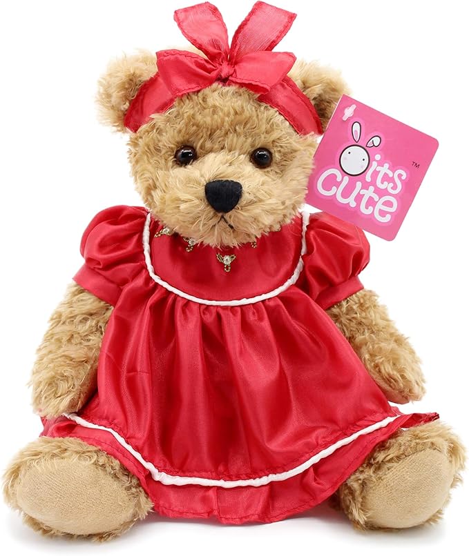Oitscute Small Baby Teddy Bear with Cloth Cute Stuffed Animal Soft Plush Toy 10" (Red lace Dress)