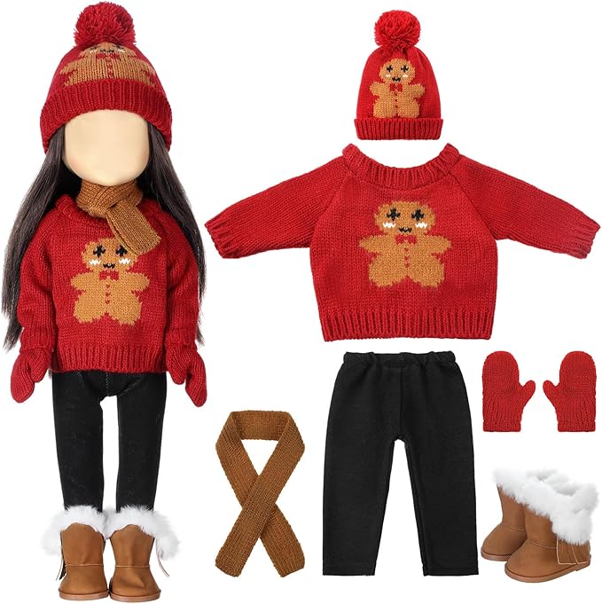 6 Pcs Christmas 18 Inch Doll Clothes and Accessories Winter Outfits Set Sweaters Trousers Hats Shoes for 18 Inch Doll Gift(Red,Gingerbread)