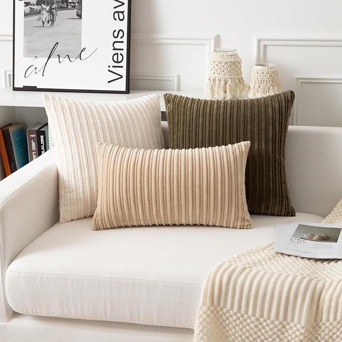 UGASA Velvet 26x26 Inch Soft Throw Pillow Covers Decorative Corduroy Striped Both Sides Solid Square Cushion Cases Boho Farmhouse for Couch Bedroom Sofa Home, Pack of 2, Beige