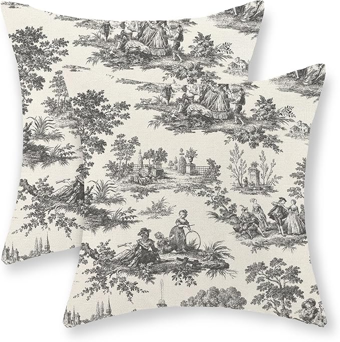 French Country Pillow Covers 18x18 Set of 2 Vintage Black Grey Toile Throw Pillows Outdoor French Country Decorative Pillow Cases Rustic Cottage Farmhouse Cushion Case for Couch Sofa Decor