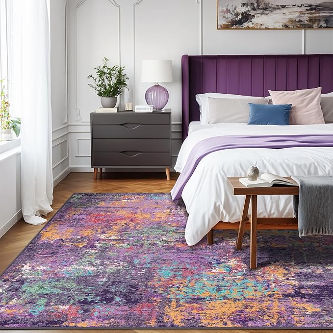 RELEANY Washable 7'x9' Abstract Area Rug for Living Room Purple Multi | carpet for bedroom, kitchen, office, hallway and entryway, printed pattern, non-slip, soft, stain-resistant, easy to clean