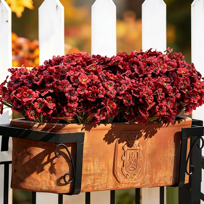 ColoPlay 24PCS Burgundy Artificial Flowers for Outdoors Faux Mums Plant | Artificial Mums for Outdoors/Indoors Faux Mums for Planters, Fall Flowers for Decoration Garden Porch Box Home Farmhouse