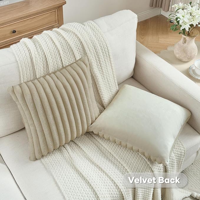 FUTEI Pack of 2 Faux Fur Throw Pillow Covers 20x20 Inch, Beige | Fluffy Faux Rabbit Fur Front/Premium Velvet Back,Hidden Zipper,Machine Washable,Non-Shedding,Colorfast,Insert Not Included.
