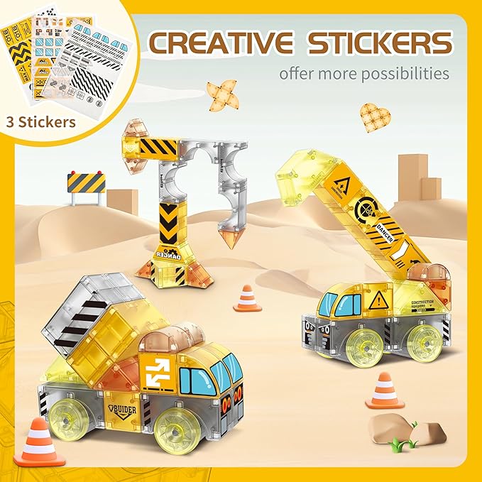 cossy Magnetic Blocks, 3D Building Construction Toys, Multi Shape Building Blocks Boys Toys Ages 3-5 5-7 8-10 with Magnetic Cars, STEM Kits, Learning & Education, Creative, Engineering Set, Truck