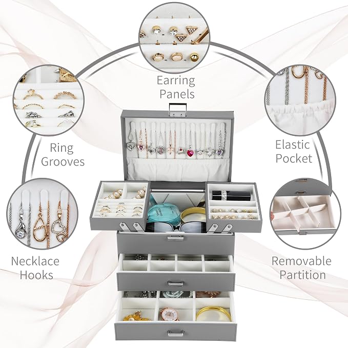 Jewelry Organizer Box, Large Jewelry Boxes for Women Girls, Space-Saving 4 Layers Jewelry Storage Case with Drawer, Movable Metal Stand, Modern, Gift Idea (Grey)