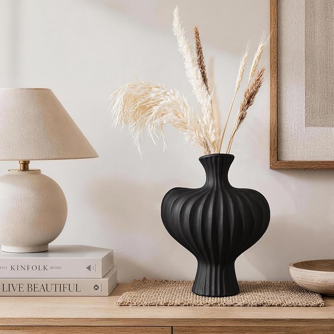 Ceramic Flower Vase Home Decor, 11 in Farmhouse Table Vases Rustic Vintage Living Room Kitchen Bedroom Decorations Pottery Decorative Vases for Flowers House Shelf Coffee Desk Dining Fireplace, Black