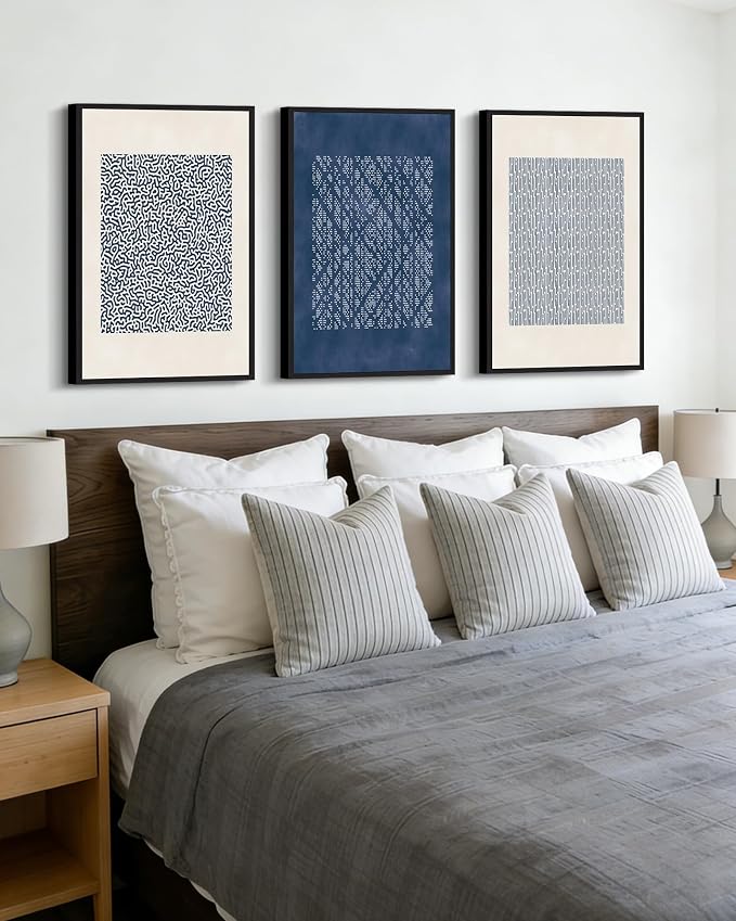 Drsoum Blue Mid-Century Modern Framed Wall Art Large 16x24in Minimalist Abstract Boho Wall Decor Geometric Artwork Kitchen Dining Room Black Framed