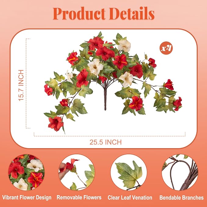 Ammyoo Artificial Fall Flowers Fake Petunias Plants for Outdoor Decoration | 4 Pcs No Maintenance Faux Silk Flowers UV Resistant Floral for Garden Window Porch Patio Real Looking Indoor Autumn Decor