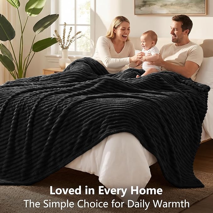 Black Throw Blanket for Couch & Bed, 50 x 60 Inch | 300GSM Ribbed Fleece Blanket, Soft, Cozy & Lightweight, OEKO-TEX Certified, All-Season Use for Travel, Dorm & Home Decor