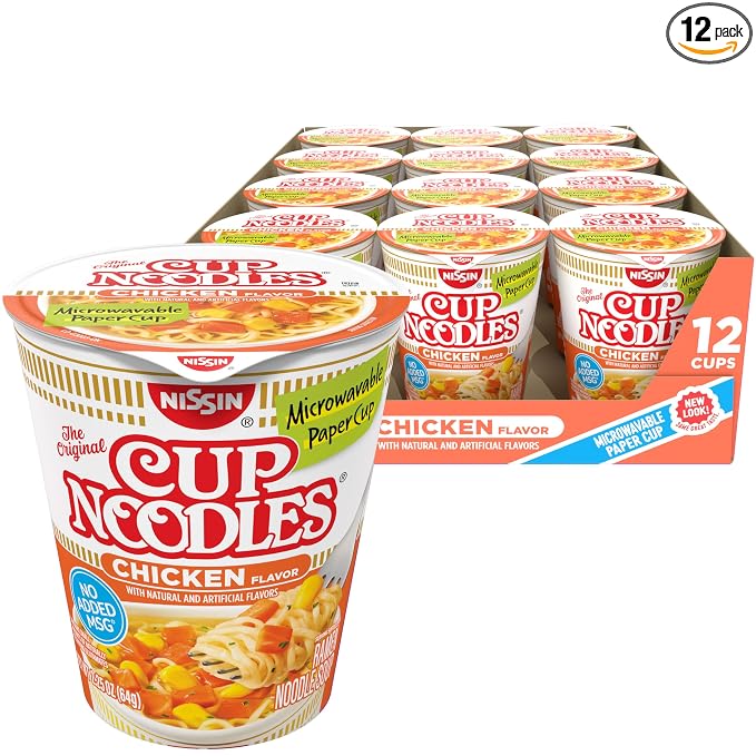 Nissin Cup Noodles Ramen Noodle Soup, Chicken, Microwaveable Paper Cup, 2.25 Ounce (Pack of 12) | Instant Ramen Noodle Soup, Microwaveable Paper Cups