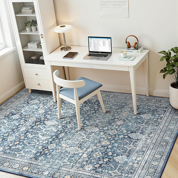 5x7 Area Rugs for Living Room Bedroom, Blue Washable Non-Slip Carpet | Soft Area Rug for Dining Room Home Office Indoor Nursery, Stain Resistant, Low Pile, Vintage Boho Distressed Rug