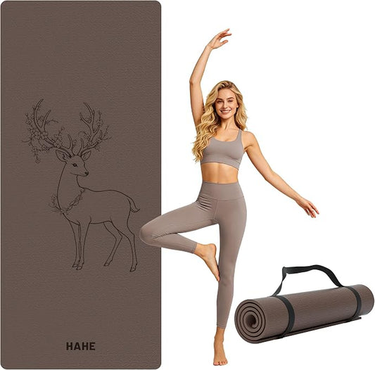 HAHE Extra Wide Yoga Mat, 75"x 32" POE Non Slip Exercise & Fitness Mat for Home Workout, 8mm Thick Large Yoga Mat for Men & Women, Deer Print Pilates Mats with Carry Strap