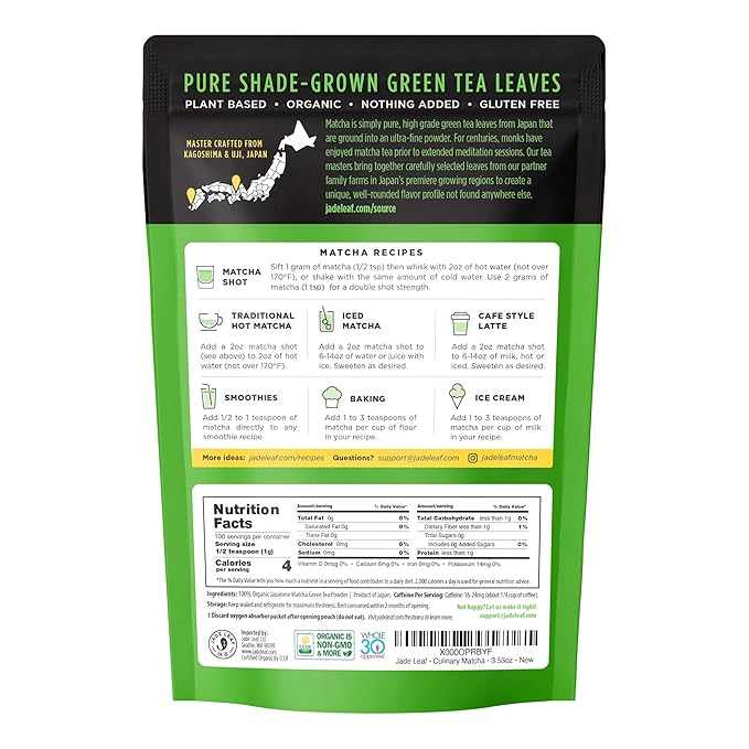 Jade Leaf Matcha Organic Culinary Grade Matcha Powder - Japanese Green tea for Baking, Smoothies, Lattes, and Skin Care, 100g / 3.53 Ounce (Pack of 1)