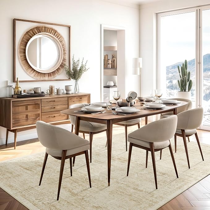 Soalmost 6x9 Area Rug for Living Room Washable Non-Slip Rugs Beige/Ivory | Low-Pile Vintage Carpet for Dining Bedroom, Foldable Thin Stain Resistant Floor Mat Under Table Home Office Nursery Decor