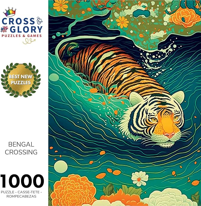 Cross & Glory - Bengal Crossing - 1000 Piece Jigsaw Puzzle for Adults | Majestic Tiger Crossing River | Stunning Wildlife Artwork for Adults | Great Gift Idea