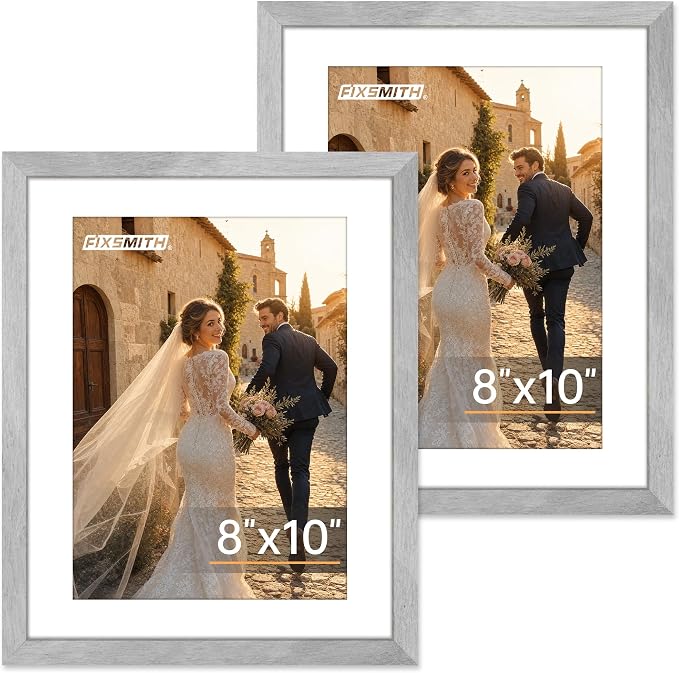FIXSMITH 8x10 Picture Frame 2 Pack, Marble Gray Photo Frame with HD Plexiglass, Display Pictures 5x7 with Mat or 8x10 Without Mat, Marble Gray Multi Picture Frames Collage for Tabletop or Wall Display