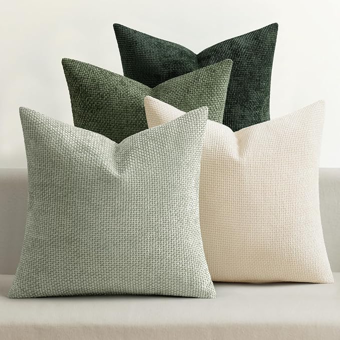 MIULEE Soft Decorative Chenille Euro Pillow Covers Green 22x22 Pack of 4 | Nordic Home Decor, Nature-Inspired Green Set, Couch Throw Pillows, Farmhouse Boho Cushion Covers for Sofa Bed Living Room