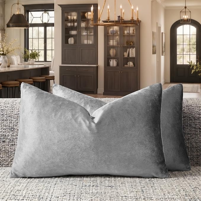 GIGIZAZA Dark Grey Velvet Throw Pillow Covers 12x20 Pack of 2 | Decorative Lumbar Pillows for Couch Sofa,280gsm Soft Textured Fabric,Modern Pillowcases,Luxury Cushion Covers