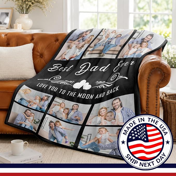 Fathers Day Birthday Gift for Dad Custom Blanket with 9 Photo & Text, Personalized Blankets with Picture to My Dad, HD Printing Customized Flannel Throw Blanket Gifts for Best Daddy Grandpa Ever
