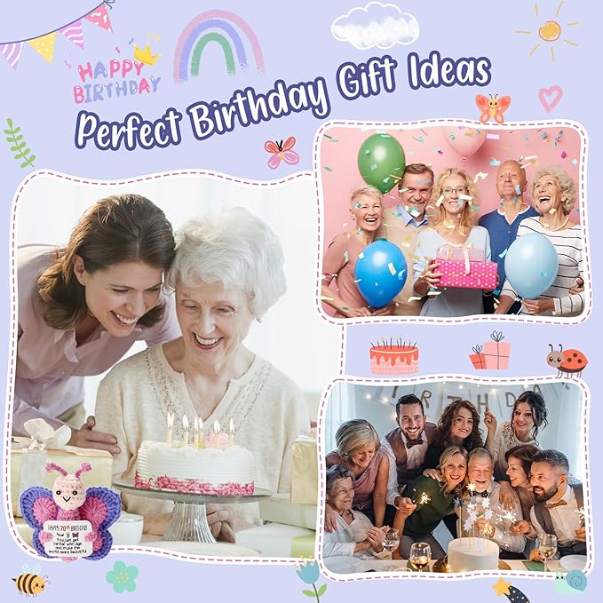 70th Birthday Gifts for Women, Tiny Crochet Butterfly Plush with Pink Purple Wings Holding Positive Note, Happy 70th Birthday Decoration & Gift for 70 Year Old Women